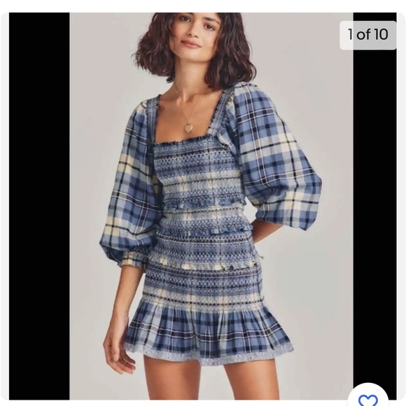 LOVE SHACK FANCY Blue plaid puff sleeve smocked Stanley mini dress 💙 - Picture 4 of 5